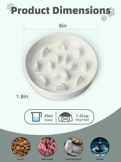 Ceramic 1.5 Cup Slow Feeder Dog Bowl, Slow Feeding Dish for Small & Medium Breeds to Slow Down Eating, Anti-Gulping, Preventing Choking (White)