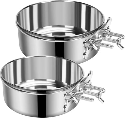 2 Pcs Large Dog Food Water Bowl for Cage with Upgraded Clamp Holder, Pet Kennel Hanging Bowls Stainless Steel Non-Spill Detectable Bowls Crate Feeder for Large Dogs (7x2.8'' & 6.3x2.5'')