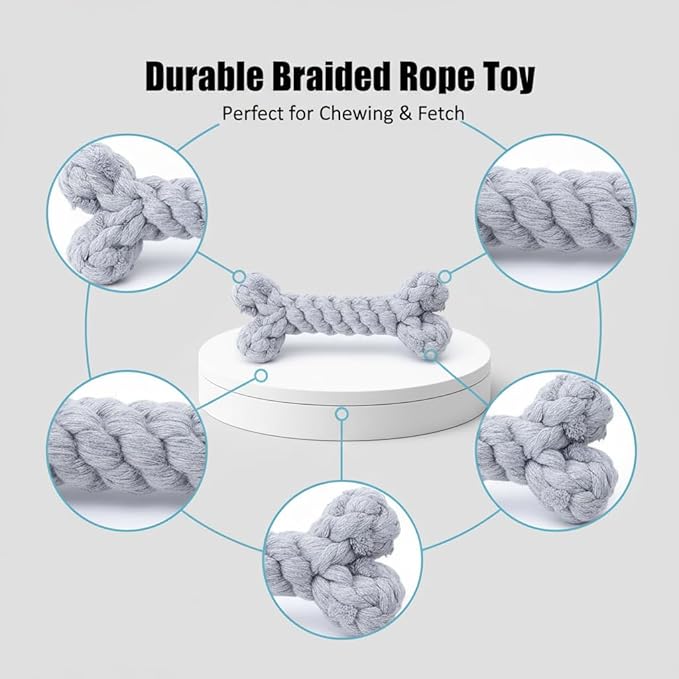 Dog Rope Toys Set with Bone-Shaped Chew Toy, Durable Cotton Rope Toys for Teething, Training, and Interactive Play for Small to Medium Dogs (Gray)