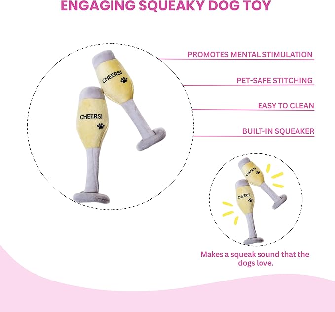 Glow Pups Plush Champagne Dog Toy with Squeaker, Fun Alcohol Parody, Soft Cotton, Machine Washable, Interactive Playtime Dogs - Multicolor (2 Pack of Champagne Glasses)