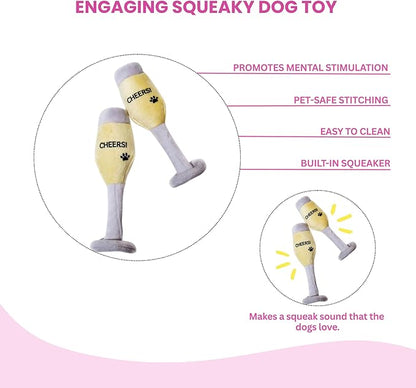 Glow Pups Plush Champagne Dog Toy with Squeaker, Fun Alcohol Parody, Soft Cotton, Machine Washable, Interactive Playtime Dogs - Multicolor (2 Pack of Champagne Glasses)