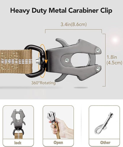 Joytale Tactical Dog Leash Heavy Duty, 4-6FT Shock Absorbing Bungee Lead with 2 Padded Handle, Metal Carabiner Clip, Car Seatbelt, Strong No Pull Leash for Medium Large X-Large Dogs, Coyote Brown