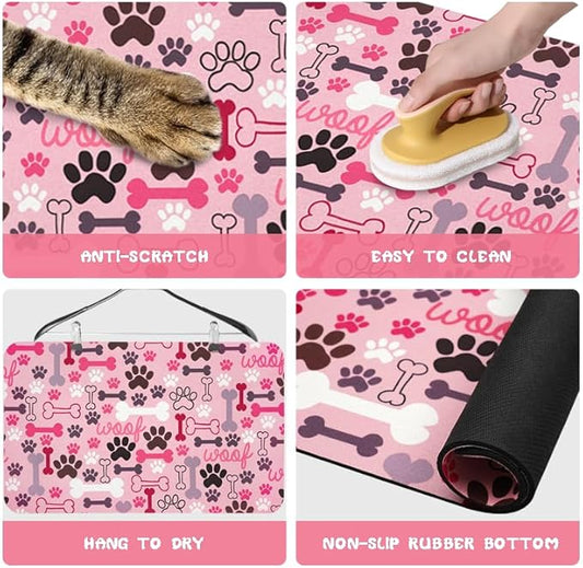 Dog Food Mats for Floors Waterproof, Pet Water Bowl Mats Pet Feeding Absorbent Placemats Pink 12 * 20 inch