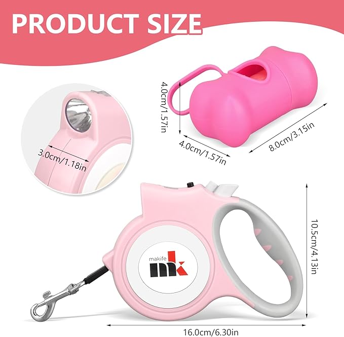 Retractable Dog Leash with LED Light Makife 5m Extendable Dog Lead for Small Medium Puppis up to 25kgs, One-Hand Brake & Lock System, Ergonomic Handle - Light Pink