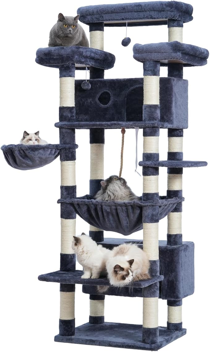 Cat Tree for Indoor Cats Large Adult, 74" Cat Tower with 3 Big Platforms, 2 Baskets, 2 Condos, Multi-Level Cat Scratching Posts, Smoky Gray GCT030G