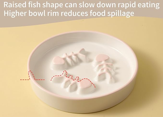 2PCS Ceramic Cat Slow Food Bowl for Wet and Dry Food, Elevated Design, Prevents Vomiting and Obesity, Raised Cat Puzzle Bowl, Stress-Free Slow Food Plate, Backflow Prevention, for Cats and Small Dog
