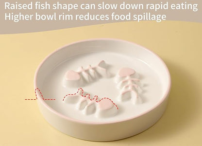 2PCS Ceramic Cat Slow Food Bowl for Wet and Dry Food, Elevated Design, Prevents Vomiting and Obesity, Raised Cat Puzzle Bowl, Stress-Free Slow Food Plate, Backflow Prevention, for Cats and Small Dog