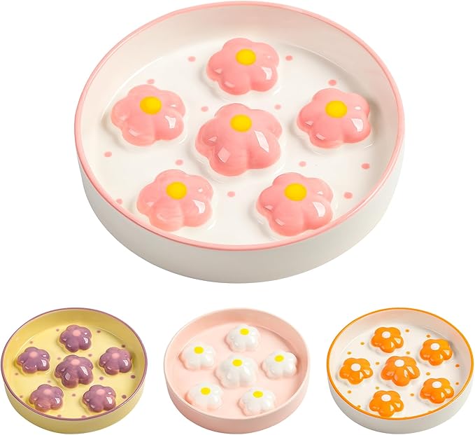 Ceramic Cat Slow Feeder Bowl - 6 OZ Puzzle Food Dish for Healthy Eating - Shallow Wide Whisker Friendly - Dishwasher Safe - 6.3 x 1.2 Inch - Blush Pink Flower