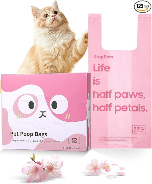 125 Count Cat Poop Bags Cherry Blossom Scented with Handles, Disposable Litter Bags for Pet Poop, Dog Kitty Waste Bags Extra-Thick Easy Tie Leak-Proof Strengthen, Pink