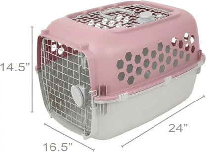 Hard-Sided Pet Carrier for Dogs and Cats | 24-Inch Top-Load Travel Kennel with Double Door Entry | Heavy-Duty Plastic Crate for Vet Visits & House Training, Pink/Gray, Up to 30 lbs Capacity
