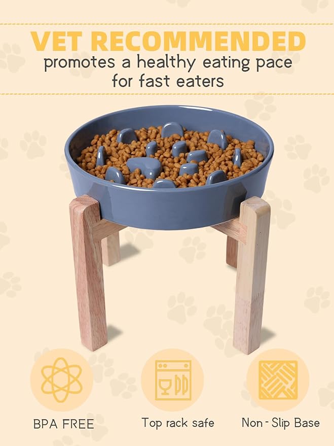 Dog Slow Feeder Bowl with Stand, Round Ceramic Pet Food Bowl for Medium Breed, Fun Raised Dog Bowls to Slow Down Eating (Grey)