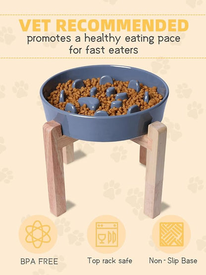 Dog Slow Feeder Bowl with Stand, Round Ceramic Pet Food Bowl for Medium Breed, Fun Raised Dog Bowls to Slow Down Eating (Grey)