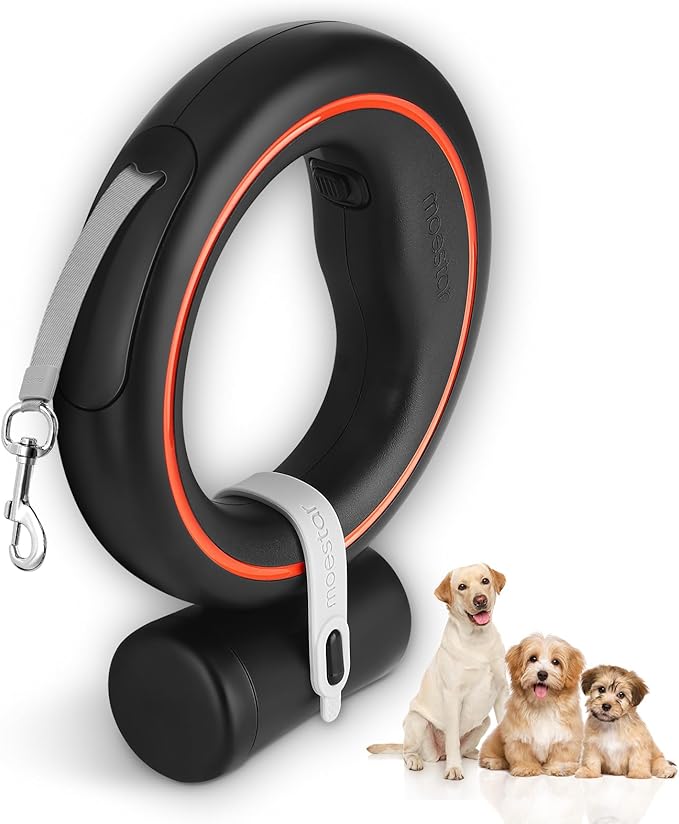 UFO Retractable Dog Leash Hands Free Wearable with Poop Bag Holder One-Handed Brake Pause Lock 360° Tangle Free 10ft Dog Leash for Up to 66lbs Medium Small Dogs (Black/Orange)