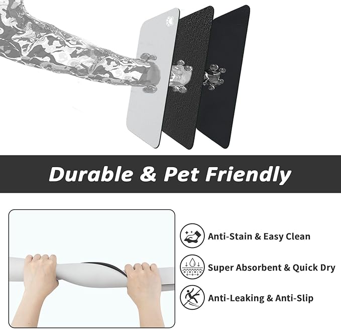 Dog Food Mat - Absorbent Cat Mat for Food and Water, No Stains Pet Feeding Bowl Mat, Easy to Clean Pet Placemats, Quick Dry Dog Water Dispenser Mat for Messy Drinkers | Paw Light Grey 18"x 28"
