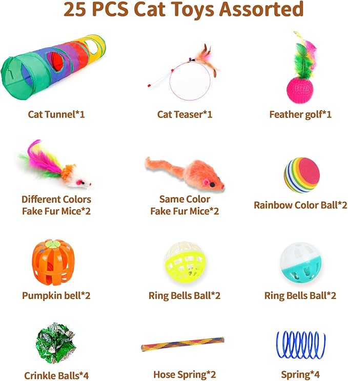 25 Pcs Cat Toys for Cats, Indoor Kittens - Interactive Variety Pack, 45 inches Rainbow Cat Tunnel, Feather Teaser, Feather Golf, Mice, Springs, Balls, Noise Toys - Rainbow/Colorful 45"