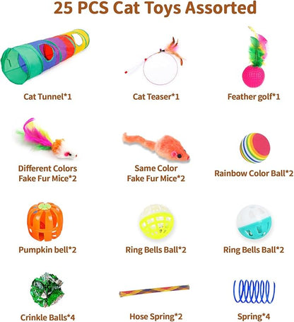 25 Pcs Cat Toys for Cats, Indoor Kittens - Interactive Variety Pack, 45 inches Rainbow Cat Tunnel, Feather Teaser, Feather Golf, Mice, Springs, Balls, Noise Toys - Rainbow/Colorful 45"