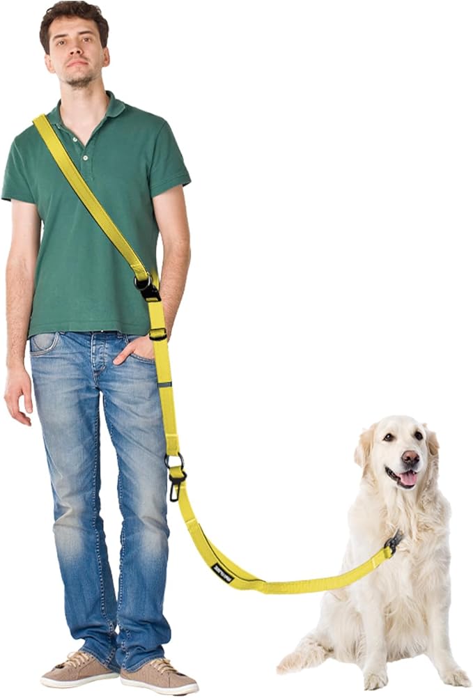 Hands Free Dog Leash & Car Seatbelt, 5.9-9.5ft Crossbody Dog Belt with Dual Soft Handles, Shock-Absorbing, 360° Clip, Reflective Design for Walking, Running, Hiking, Travel.(Yellow)