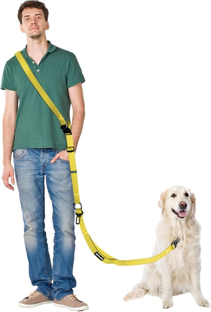 Hands Free Dog Leash & Car Seatbelt, 5.9-9.5ft Crossbody Dog Belt with Dual Soft Handles, Shock-Absorbing, 360° Clip, Reflective Design for Walking, Running, Hiking, Travel.(Yellow)