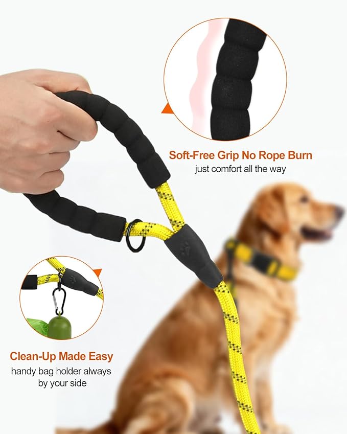 Joytale Dog Leash for Large Dogs, Heavy Duty Nylon Leashes with Comfortable Padded Handle and Highly Reflective Threads, Ideal for Walking and Training, Yellow, 6'×1/2''