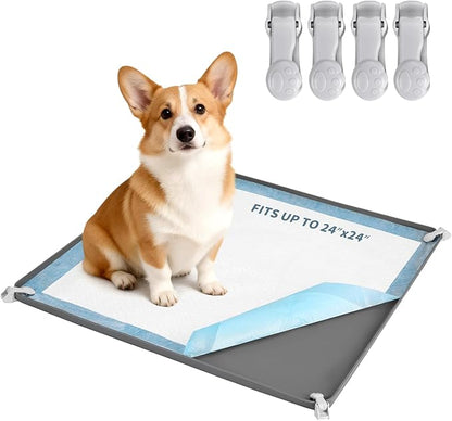 Pee Pad Holder for Dogs 24" x 24", Silicone Potty Tray with 4 Holder Clamps, High Edge No-Spill Dog Training Mat, Non-Slip Puppy Pad Tray Floor Protection for Indoor Use - Gray