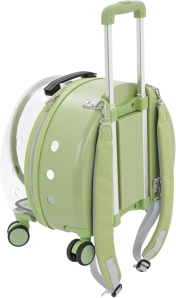 Transparent Bubble Pet Carrier with Wheels, Breathable Cat Dog Travel Carrier with 3-Stage Handle & Removable Strap, Portable Trolley Case with Ventilation for Small Dogs & Cats (Green)