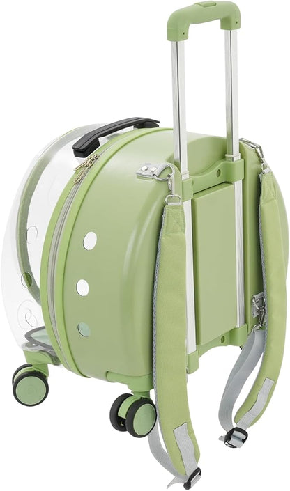 Transparent Bubble Pet Carrier with Wheels, Breathable Cat Dog Travel Carrier with 3-Stage Handle & Removable Strap, Portable Trolley Case with Ventilation for Small Dogs & Cats (Green)
