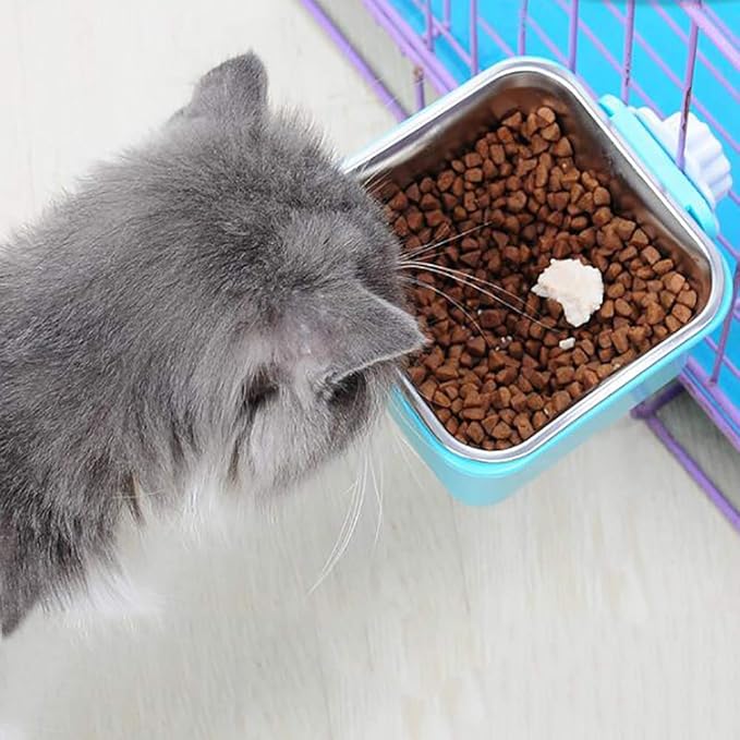 Love Dream Crate Dog Cat Bowls, Hanging Pet Cage Food Water Feeder with Removable Stainless Steel Bowls and Bolt Holder for Puppy Cat Rabbit Birds (Large, Blue)