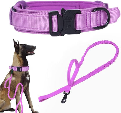 Xqpetlihai Tactical Dog Collar and Leash Set Adjustable Military Nylon Dog Collar with Control Handle and Heavy Duty Metal Buckle for Large Dogs（Purple XL