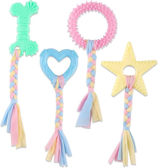4 PCS Puppy Chew Toys for Small Dogs, Soft Rubber & Rope Teething Toy Set for Puppies, Durable Interactive Teethers for Biting Relief, Under 25 lbs(Style 10)