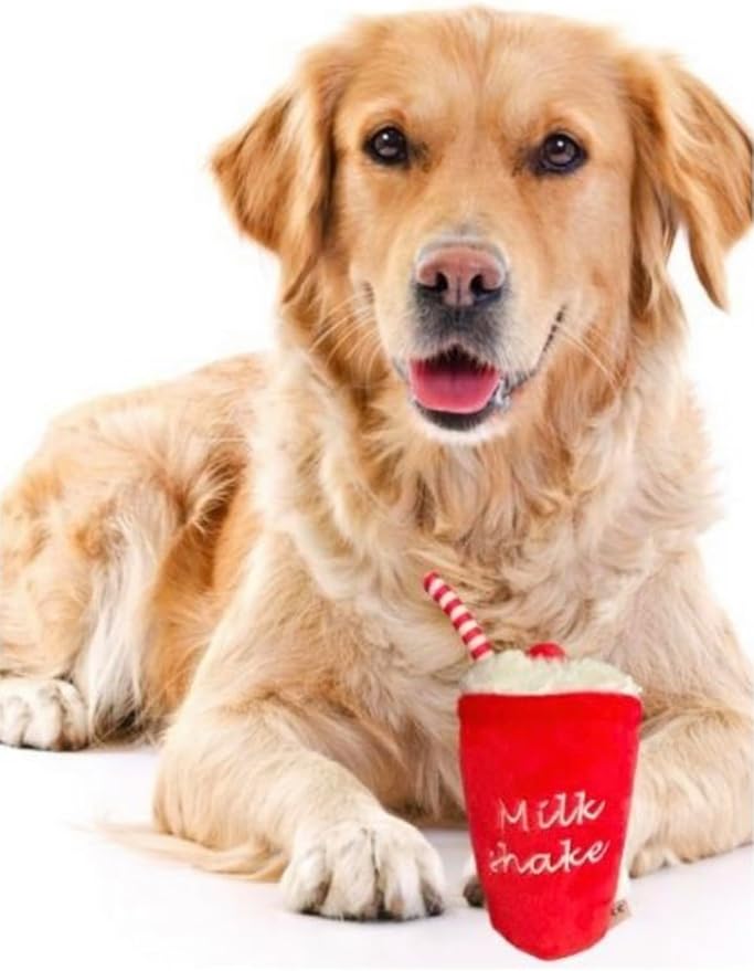 Glow Pups Dog Toys, Squeaky Milkshake Plush Dog Toy for Puppies, Easy to Clean, Promotes Mental Stimulation, Keeps Dog Entertained, Crinkle Sound, Red