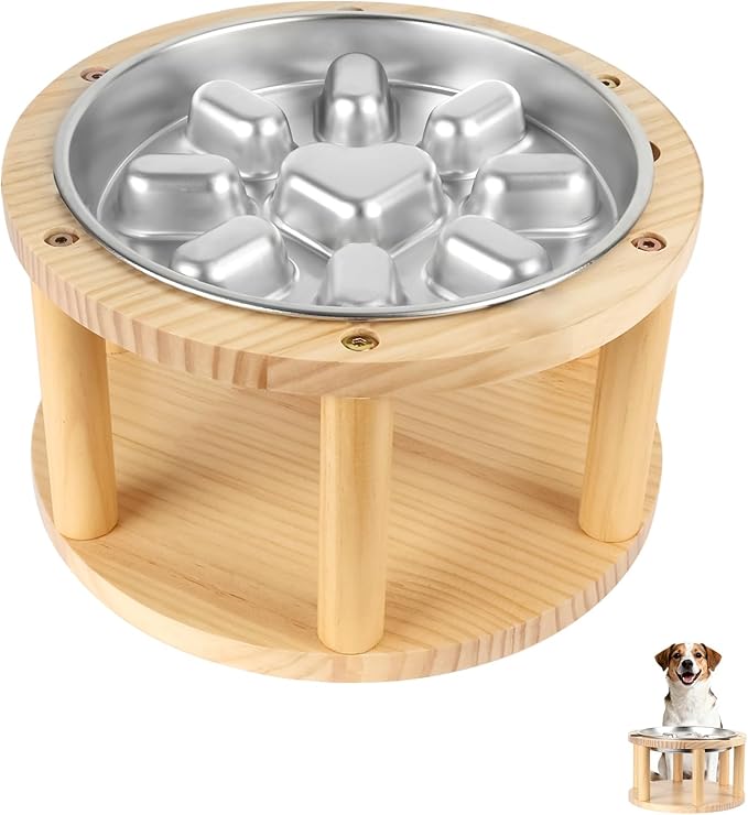 Vivifying Elevated Dog Bowl, Pine Wood Stand with Stainless Steel Slow Feeder, 5.9" Raised Dog Bowl for Small & Medium Dogs