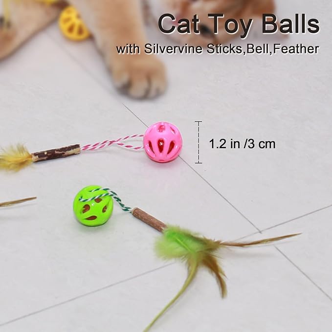 3-in-1 Cat Toy Balls with Feather, Silvervine Stick and Inside Bell, Colorful Lattice Interactive Bell Balls for Indoor Cats and Kittens, Cat Teeth Cleaning Toys, 6 Pcs