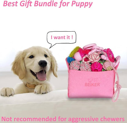 Beiker 20 Pack Pink Puppy Chew Toys - Dog Teething Toys for Puppies, Puppy Toys Toothbrush with Ropes, Soft Dogs Toy Bundle for Small Dogs, Cute Interactive Dog Balls for Chewers