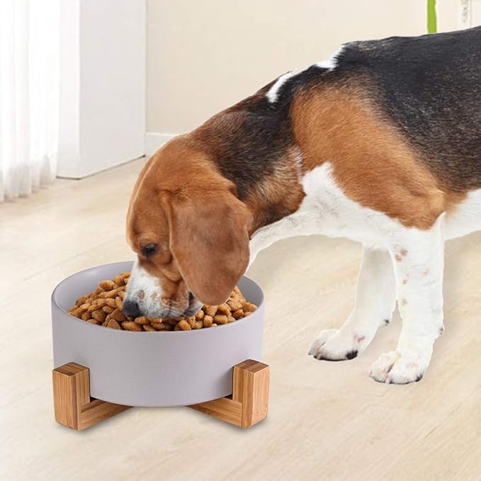 Ceramic Dog Bowl with Bamboo Stand - Large Dog Dish for Food and Water - Heavy Weighted, No Tip Over - 8.4" Diameter - Grey