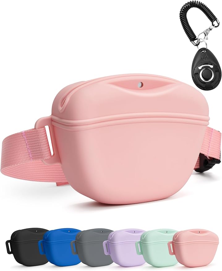 heouvo Dog Treat Pouch with Training Clicker, Upgrade Stronger Magnetic Closure to Avoid Spilling, 1.67 Cup Silicone Treat Bag Fanny Pack with Waist Belt for Pet Training Walking (Pink)