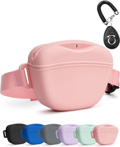 heouvo Dog Treat Pouch with Training Clicker, Upgrade Stronger Magnetic Closure to Avoid Spilling, 1.67 Cup Silicone Treat Bag Fanny Pack with Waist Belt for Pet Training Walking (Pink)
