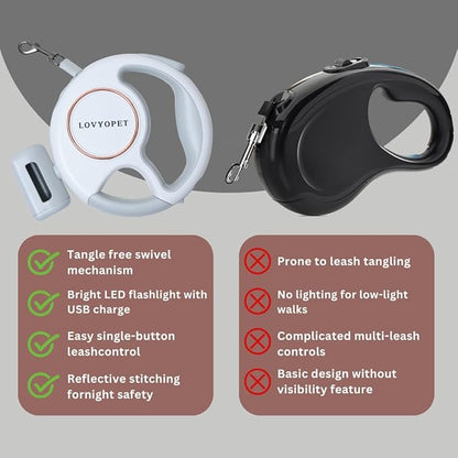 All-in-One Retractable Dual Dog Leash with LED Light and Poop Bag Holder, 360° Tangle-Free Swivel, One-Touch Brake/Lock, Durable Tape & Ergonomic Grip – for Two Small Dogs