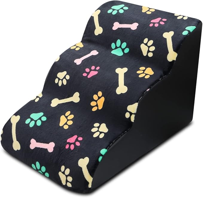 Pet Stairs, 3-Steps Dog Stairs, Removable and Washable Dog Stairs with Slope Steps and Non-Slip Bottom, Soft and Comfortable Dog Ramp(Black-Bones)