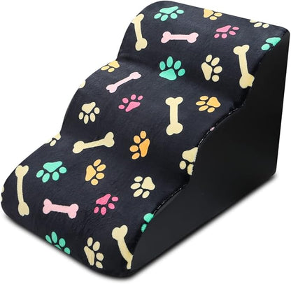 Pet Stairs, 3-Steps Dog Stairs, Removable and Washable Dog Stairs with Slope Steps and Non-Slip Bottom, Soft and Comfortable Dog Ramp(Black-Bones)