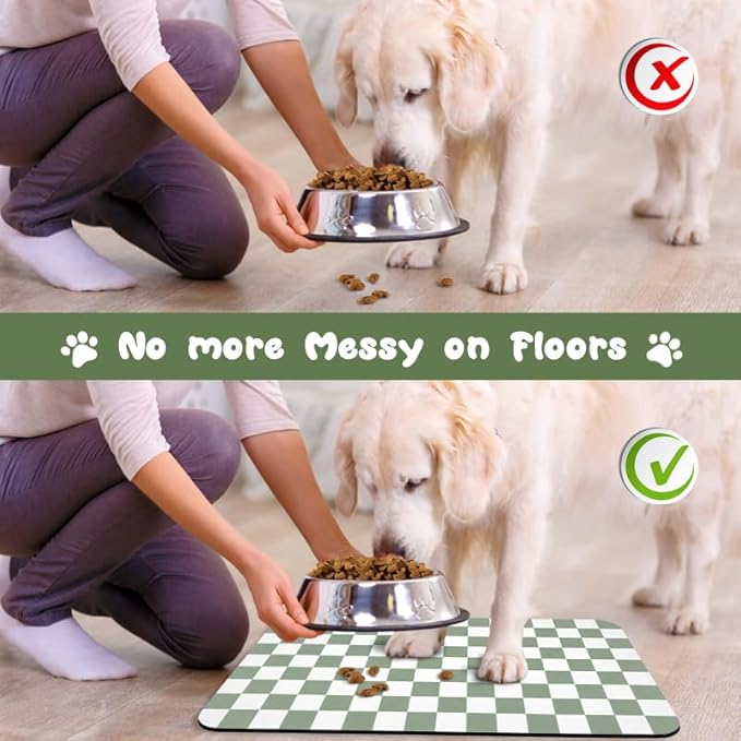 Dog Food Mats for Floors Waterproof, Pet Water Bowl Mats Pet Feeding Absorbent Placemats Plaid 16 * 24 inch