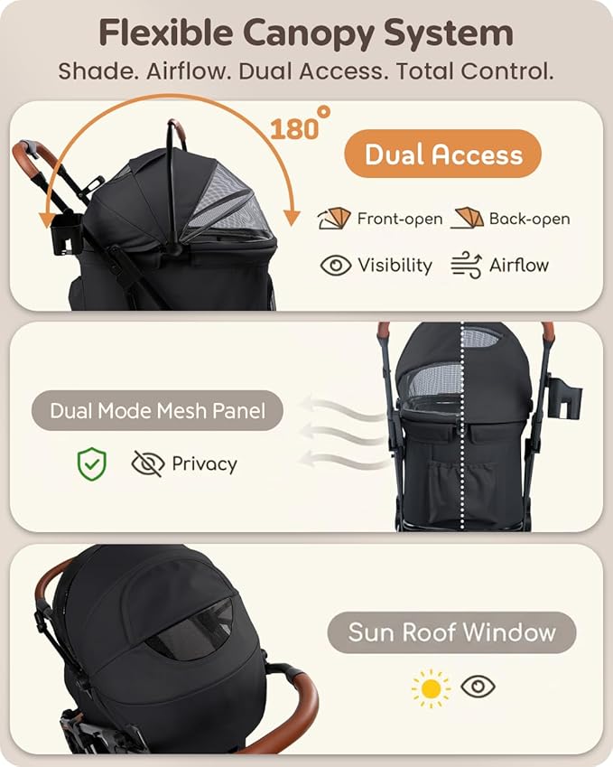 Pet Stroller with Detachable Carrier for Small, Medium Dogs & Cats, Lightweight Foldable Design, Travel-Ready, Compact Storage (Midnight Black)