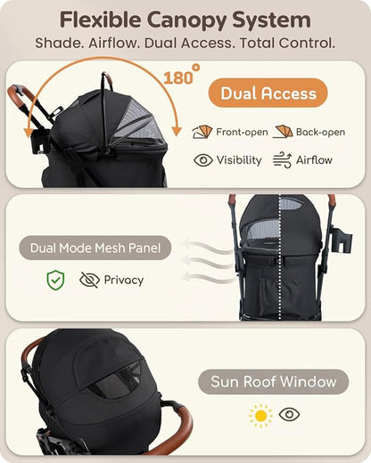 Pet Stroller with Detachable Carrier for Small, Medium Dogs & Cats, Lightweight Foldable Design, Travel-Ready, Compact Storage (Midnight Black)