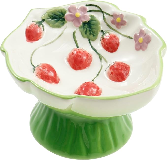 Ceramic Raised Slow Feeder Cat Bowl, Ceramic Elevated Small Cat Food Bowl, 15°Titled Food Bowls Small Dogs Slow Feeder, Strawberry Shaped Cute Pet Dish for Dry and Wet Foods(Green)