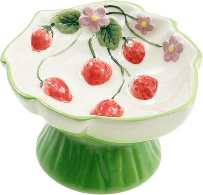 Ceramic Raised Slow Feeder Cat Bowl, Ceramic Elevated Small Cat Food Bowl, 15°Titled Food Bowls Small Dogs Slow Feeder, Strawberry Shaped Cute Pet Dish for Dry and Wet Foods(Green)