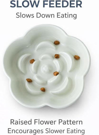 Ceramic Elevated Slow Feeder Cat Bowl, Raised and Gently Tilted Feeding Dish with Maze Design, Whisker-Friendly, Easy to Clean, for Indoor Cats and Small Dogs (Green/Ivory)
