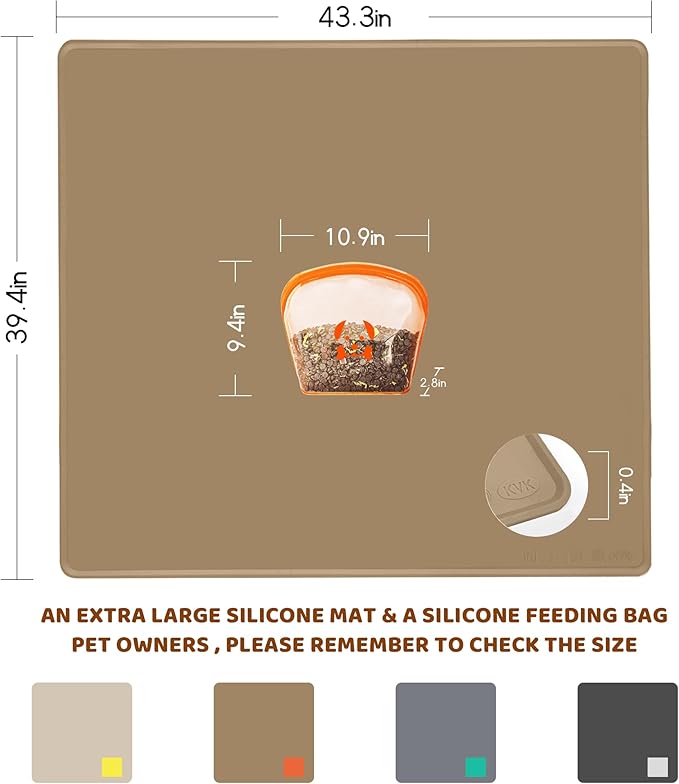 Extra Extra Large Silicone Dog Food Mat 39.4×43.3in and 128oz Silicone Bag Set, Super Size Waterproof Pet Feeding Mat & Container, Non-Slip, Chew-Resistant Floor Protection (Taupe&Orange)