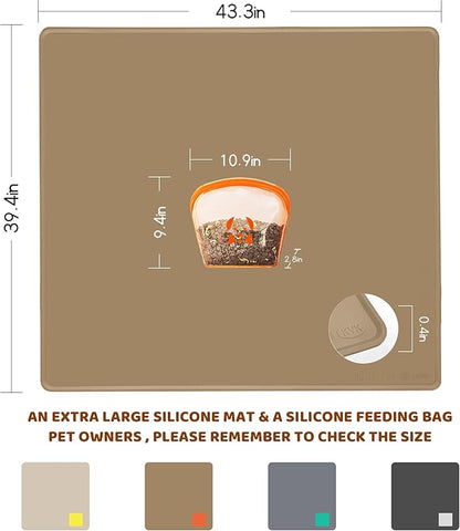 Extra Extra Large Silicone Dog Food Mat 39.4×43.3in and 128oz Silicone Bag Set, Super Size Waterproof Pet Feeding Mat & Container, Non-Slip, Chew-Resistant Floor Protection (Taupe&Orange)