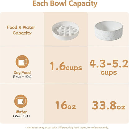 Ceramic 1.6 Cup Raised Slow Feeder Dog Bowl Set, Elevated 7.3inch Bowl and 8.2inch Slow Feeder Dish with Acacia Wood Stand for Medium and Large Dogs (2 x Reactived Glaze -White+ Stand)