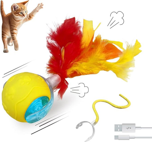 Automatic Cat Toy with Feather Tail – Interactive Moving Ball for Indoor Cats, Rechargeable Battery, Self-Play Boredom Buster for Kitten & Adult Cat, Yellow