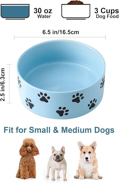 6.5 Inch Blue Ceramic Dog Bowl with Paw Print Pattern - Porcelain Wide Mouth Dog Food or Water Bowls, Large Feeding Pet Bowls for Indoor Medium Sized Dogs, for Wet or Dry Food